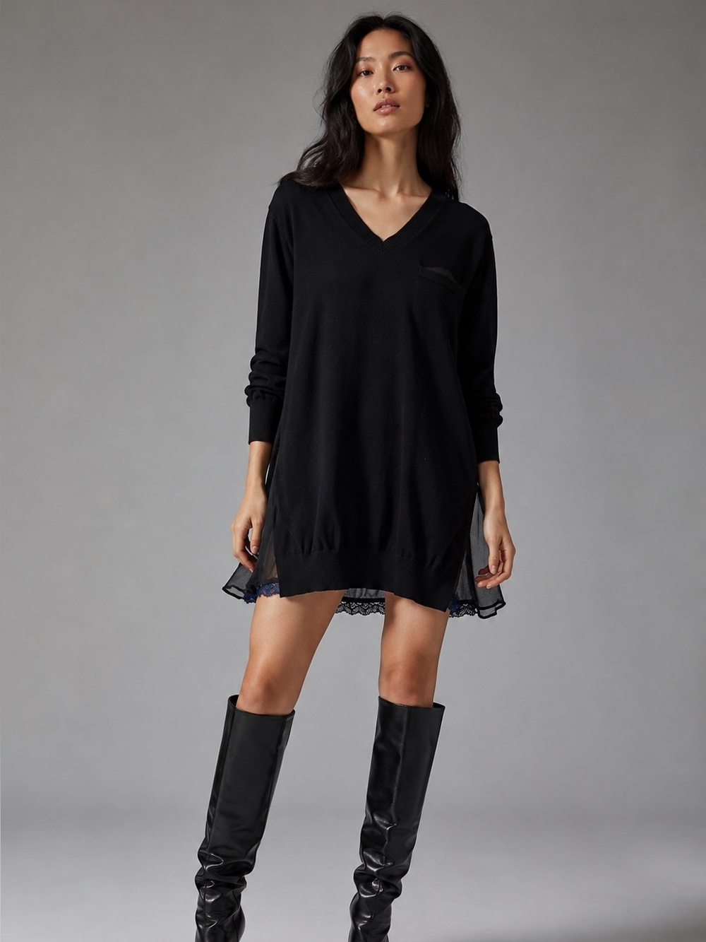 Sacai Luck Black Sheer Silk Mixed Tunic Sweater Dress Womens Size 2 M V-Neck - Picture 15 of 15